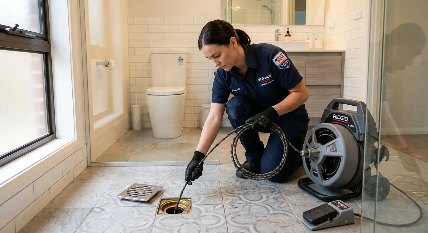 Technician clearing a bathroom floor drain for Drain Repair in Kaysville
